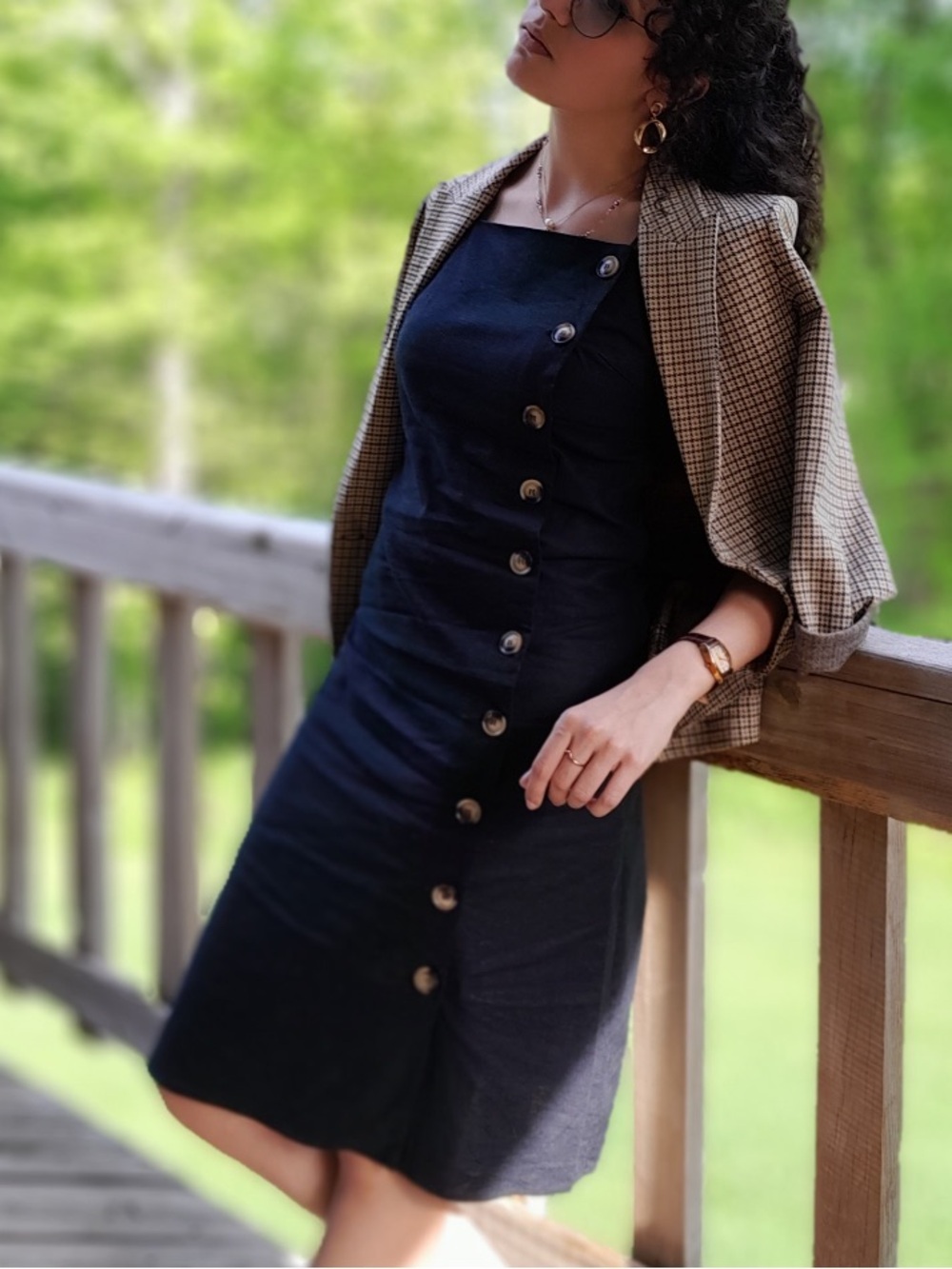Crescent Black Button-Down Midi Dress with Straps